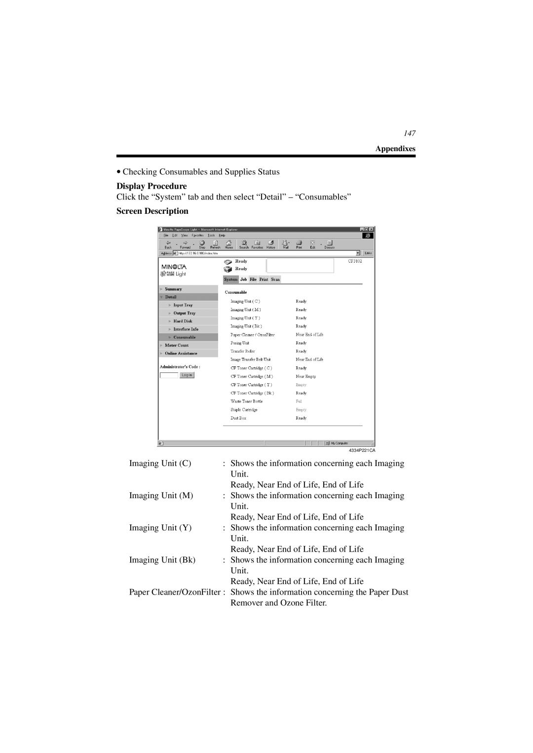 Minolta CN3101e user manual Checking Consumables and Supplies Status 