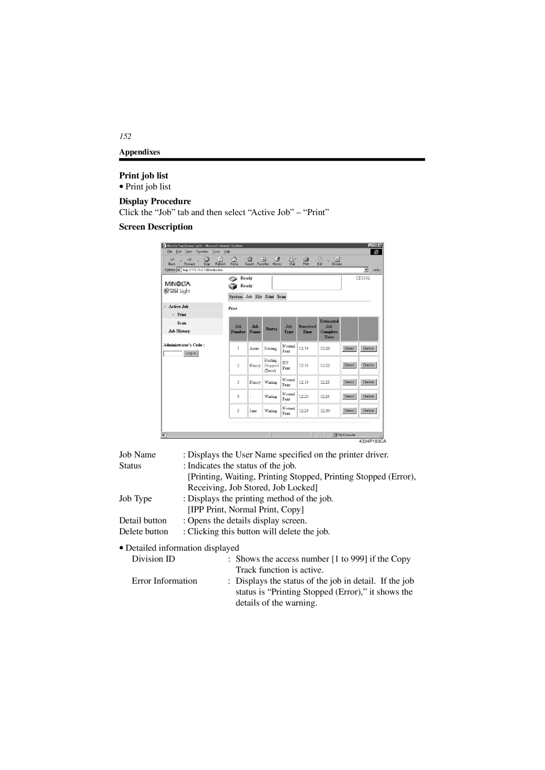 Minolta CN3101e user manual Print job list 