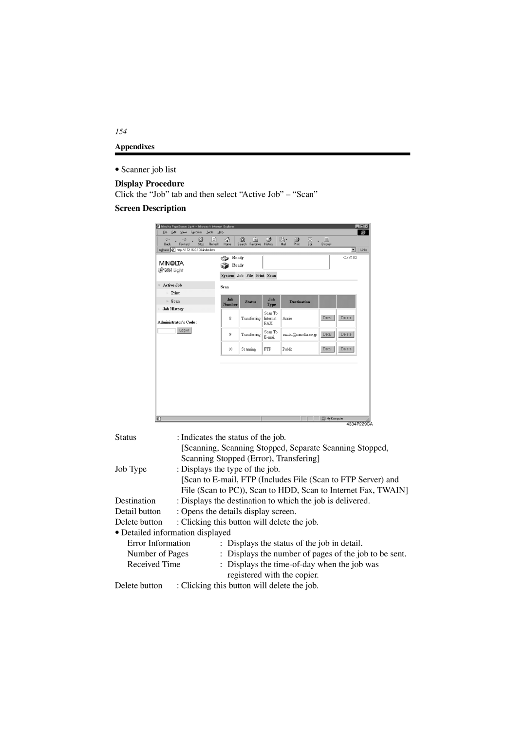 Minolta CN3101e user manual Click the Job tab and then select Active Job Scan 