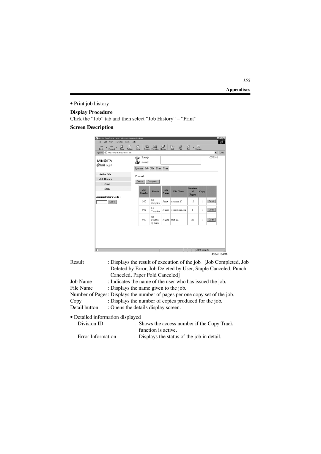 Minolta CN3101e user manual Click the Job tab and then select Job History Print 