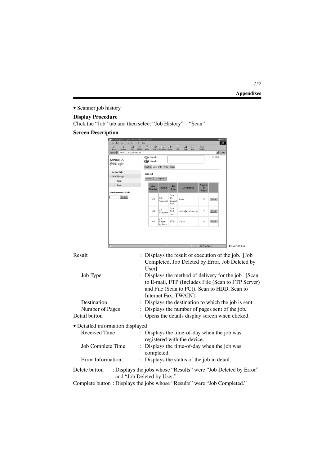 Minolta CN3101e user manual Click the Job tab and then select Job History Scan 