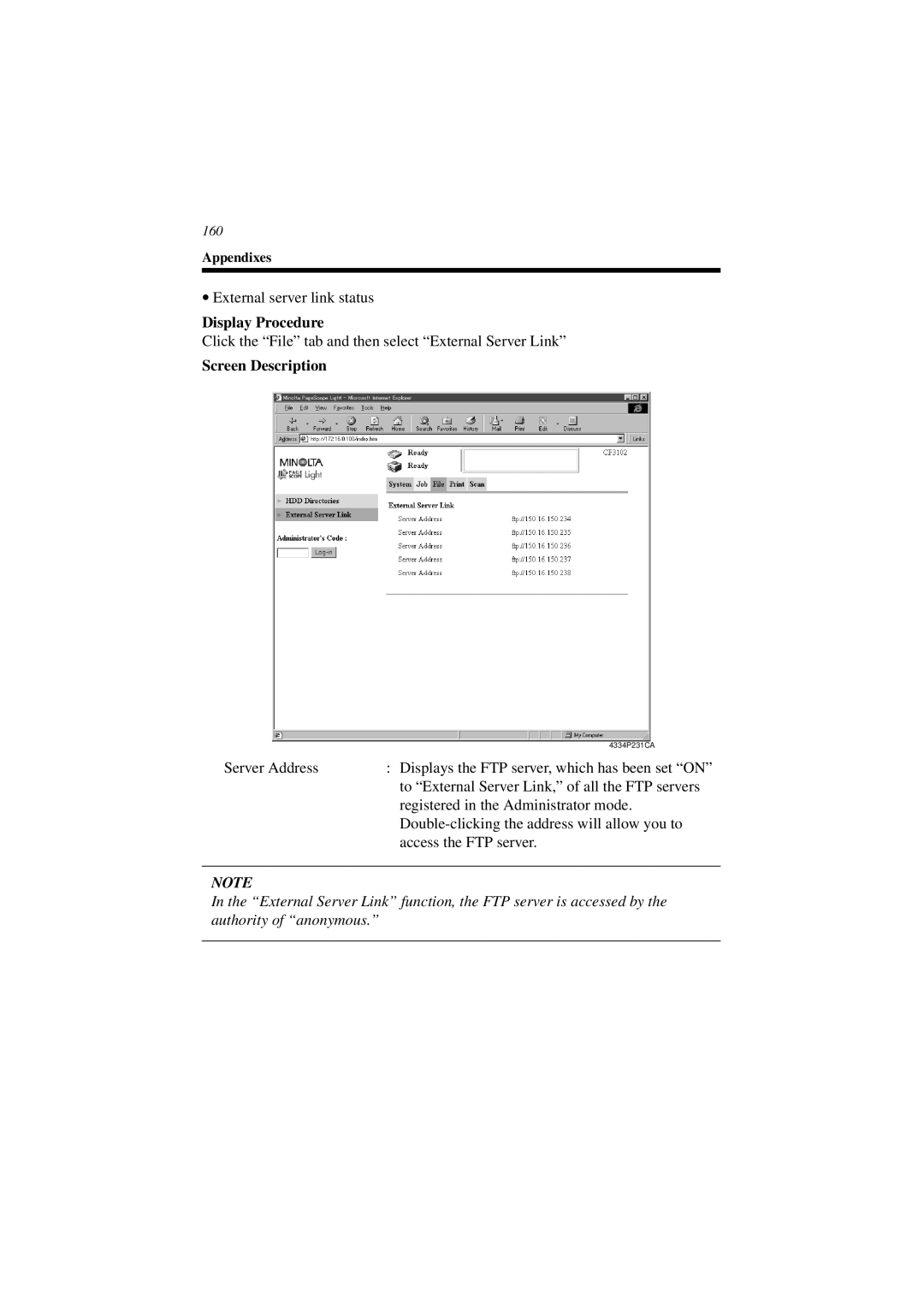 Minolta CN3101e user manual External server link status 