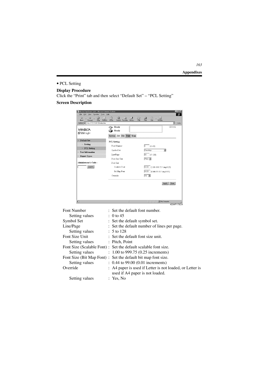 Minolta CN3101e user manual PCL Setting 