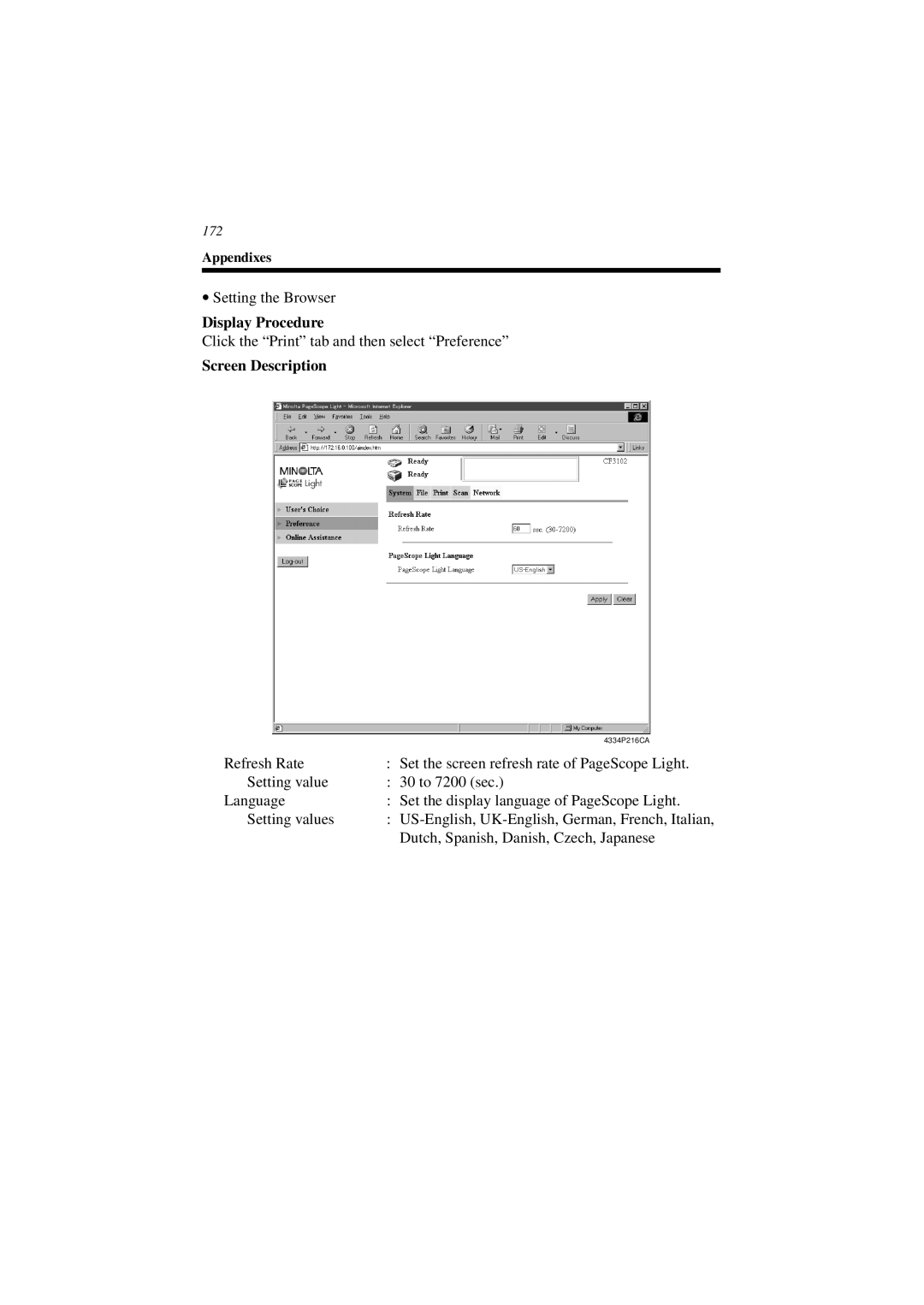 Minolta CN3101e user manual Setting the Browser 