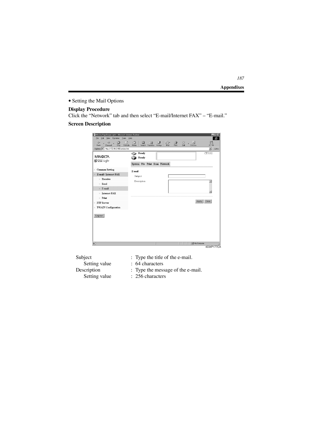 Minolta CN3101e user manual Setting the Mail Options 