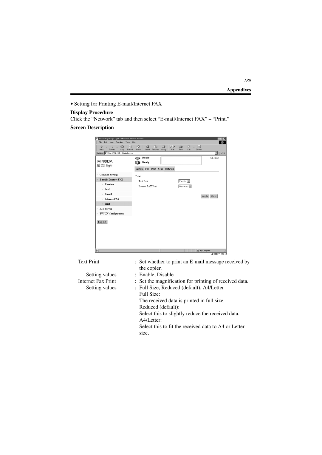 Minolta CN3101e user manual Setting for Printing E-mail/Internet FAX 