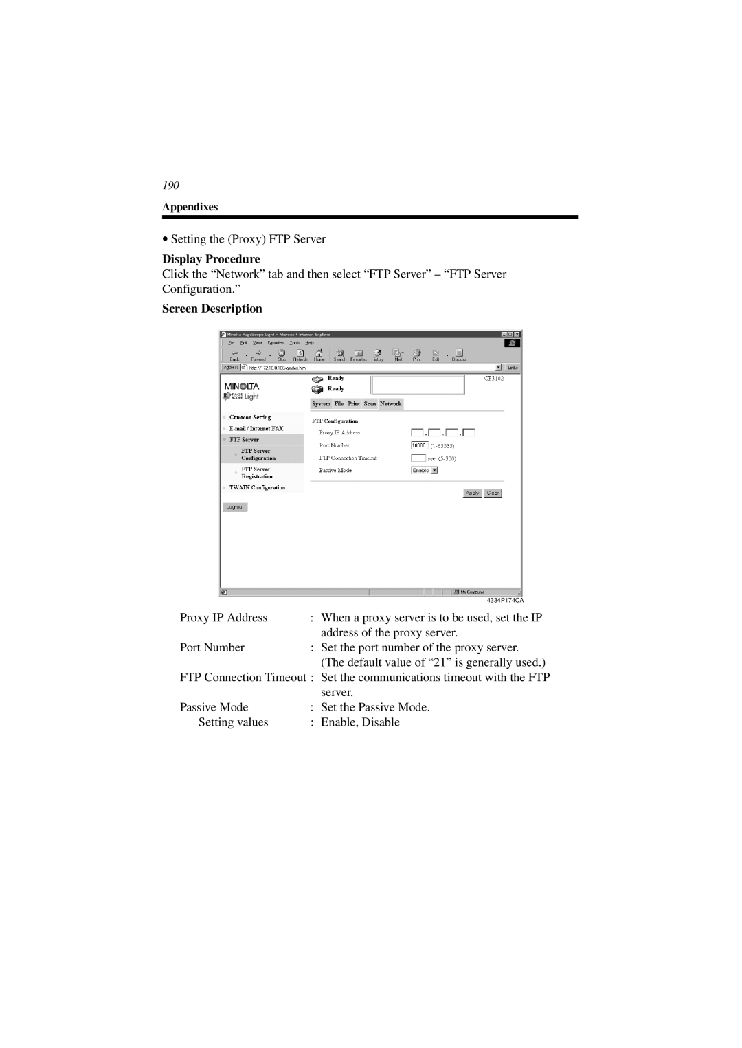 Minolta CN3101e user manual Setting the Proxy FTP Server 