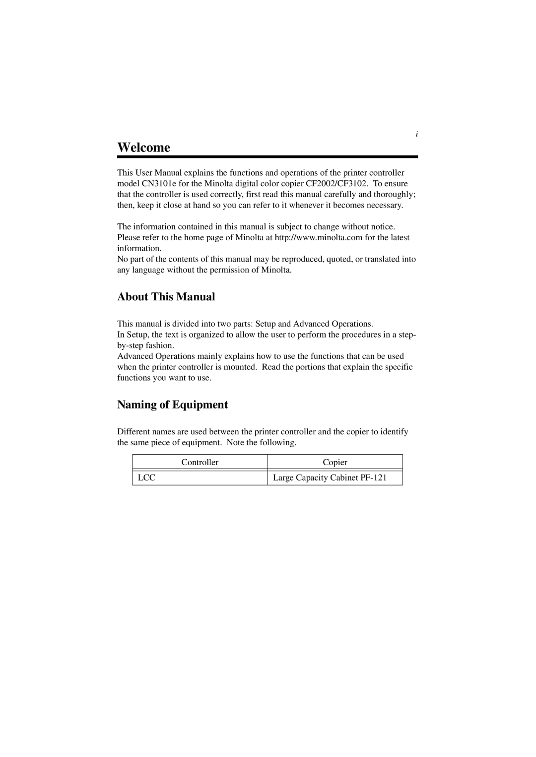 Minolta CN3101e user manual About This Manual, Naming of Equipment 