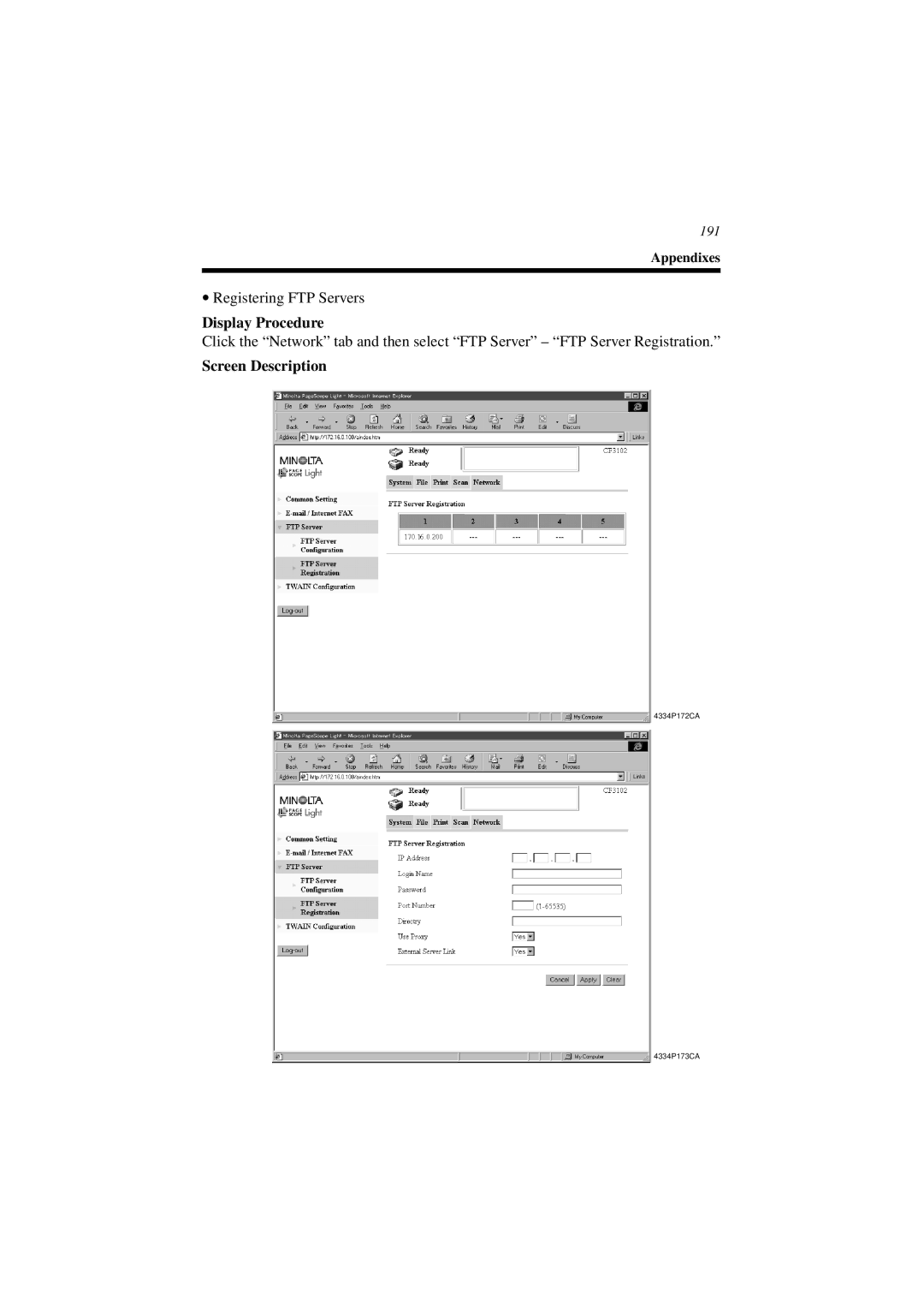 Minolta CN3101e user manual Registering FTP Servers 