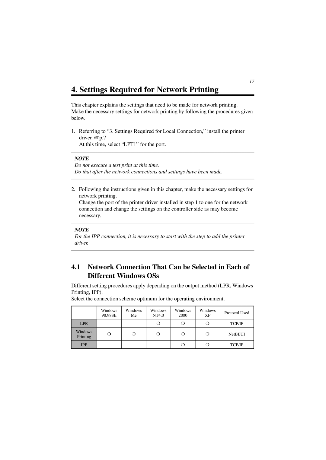 Minolta CN3101e user manual Settings Required for Network Printing 