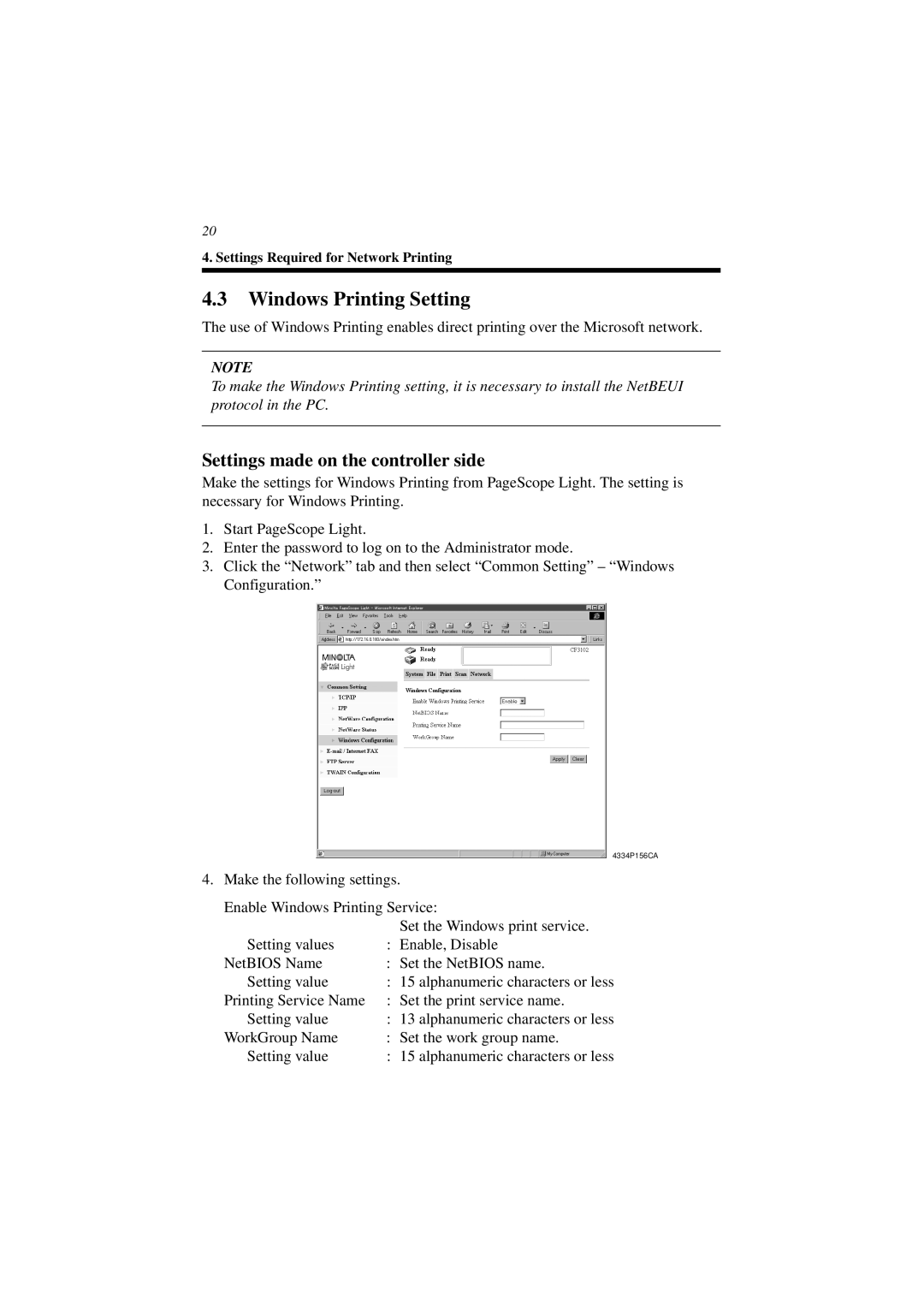 Minolta CN3101e user manual Windows Printing Setting, Settings made on the controller side 