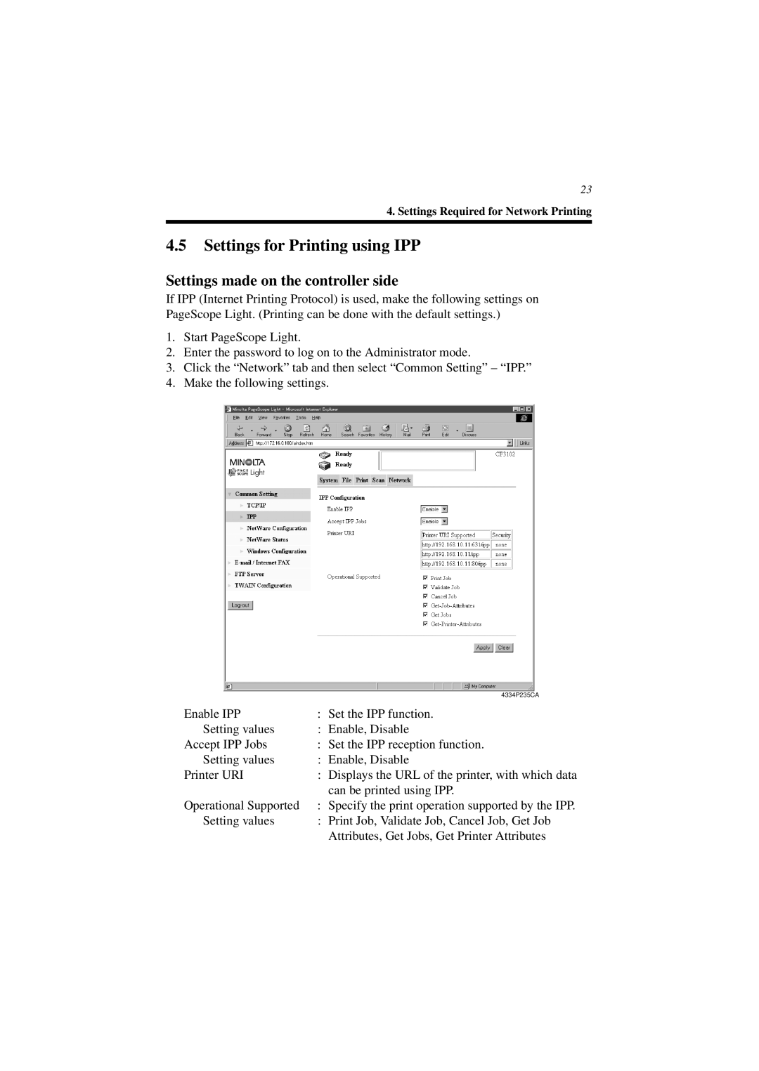 Minolta CN3101e user manual Settings for Printing using IPP 