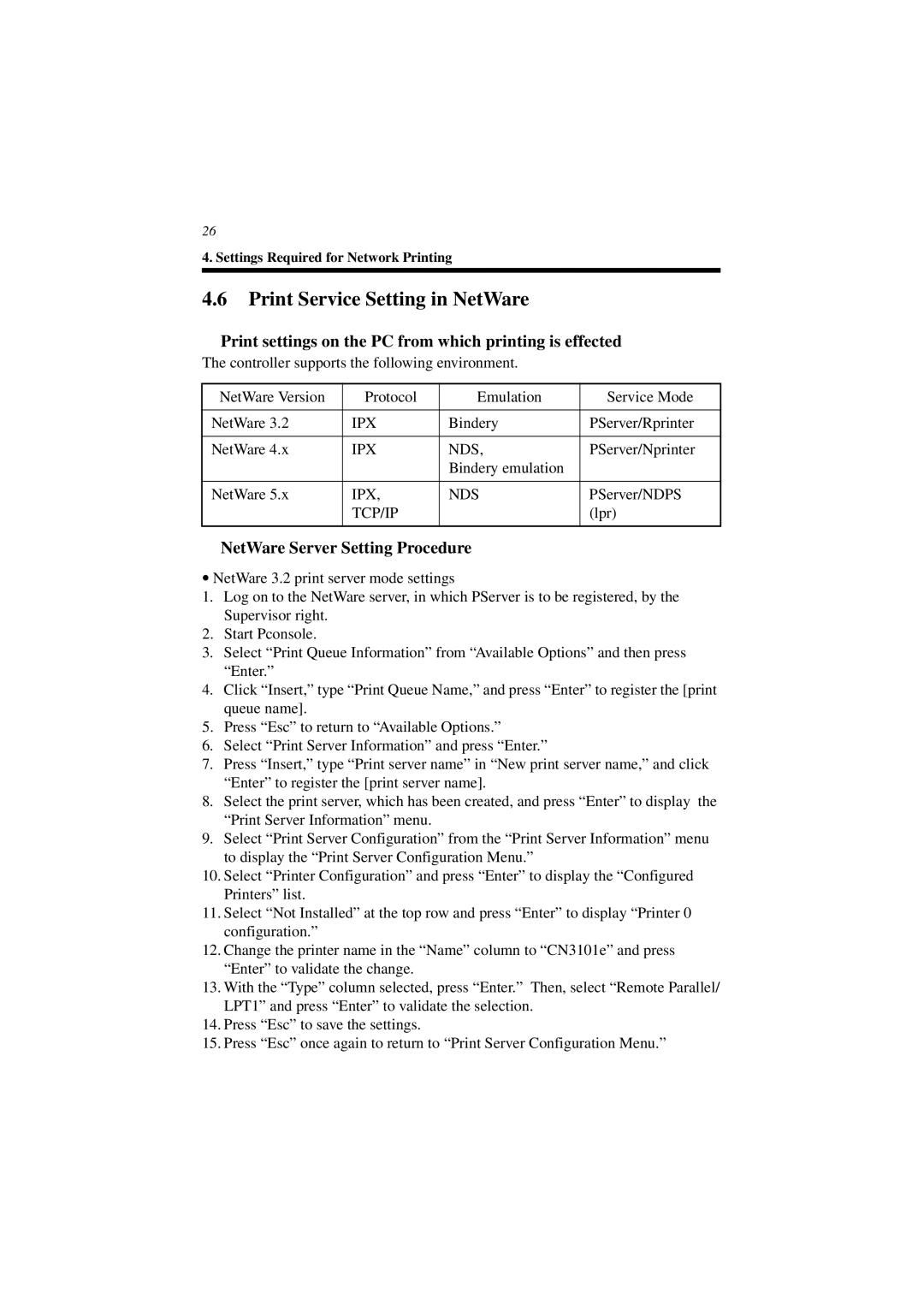 Minolta CN3101e user manual Print Service Setting in NetWare, Print settings on the PC from which printing is effected 