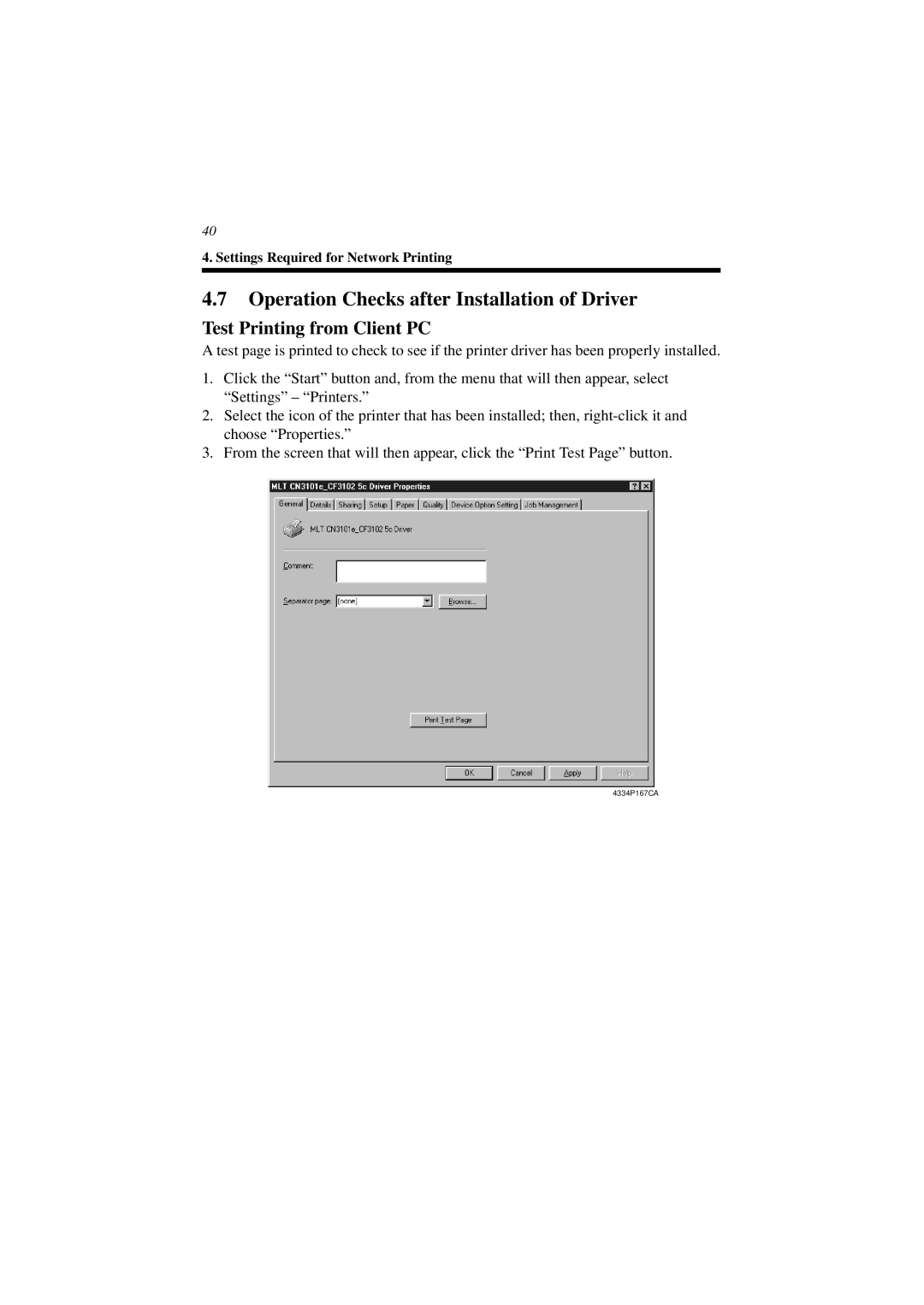 Minolta CN3101e user manual Operation Checks after Installation of Driver, Test Printing from Client PC 