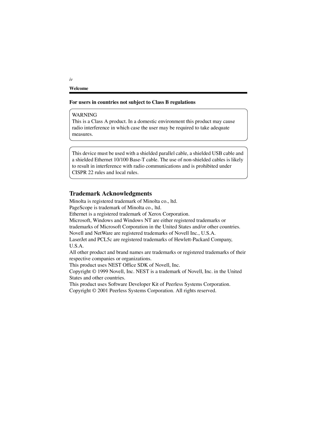 Minolta CN3101e user manual Trademark Acknowledgments, For users in countries not subject to Class B regulations 