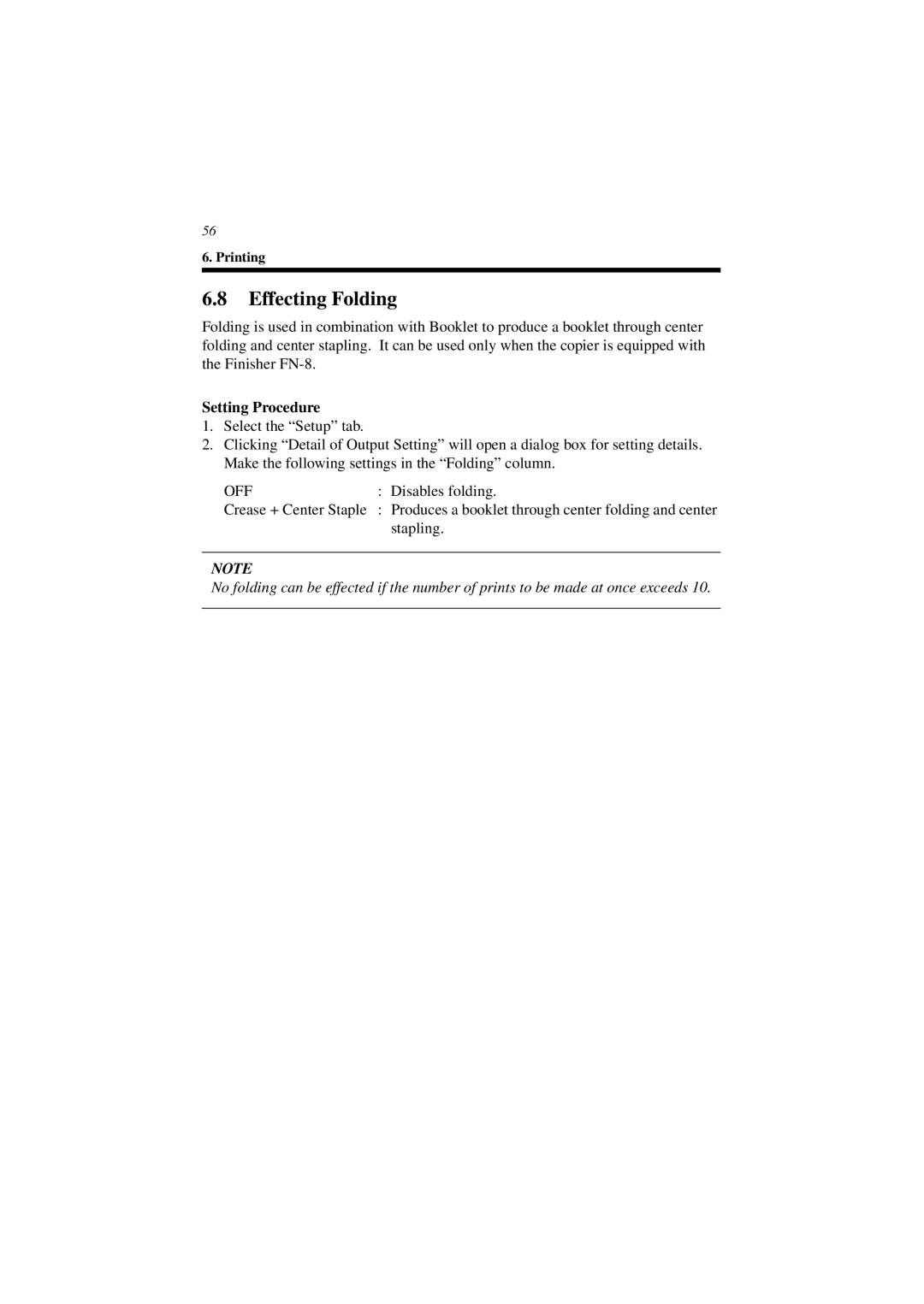 Minolta CN3101e user manual Effecting Folding, Off 