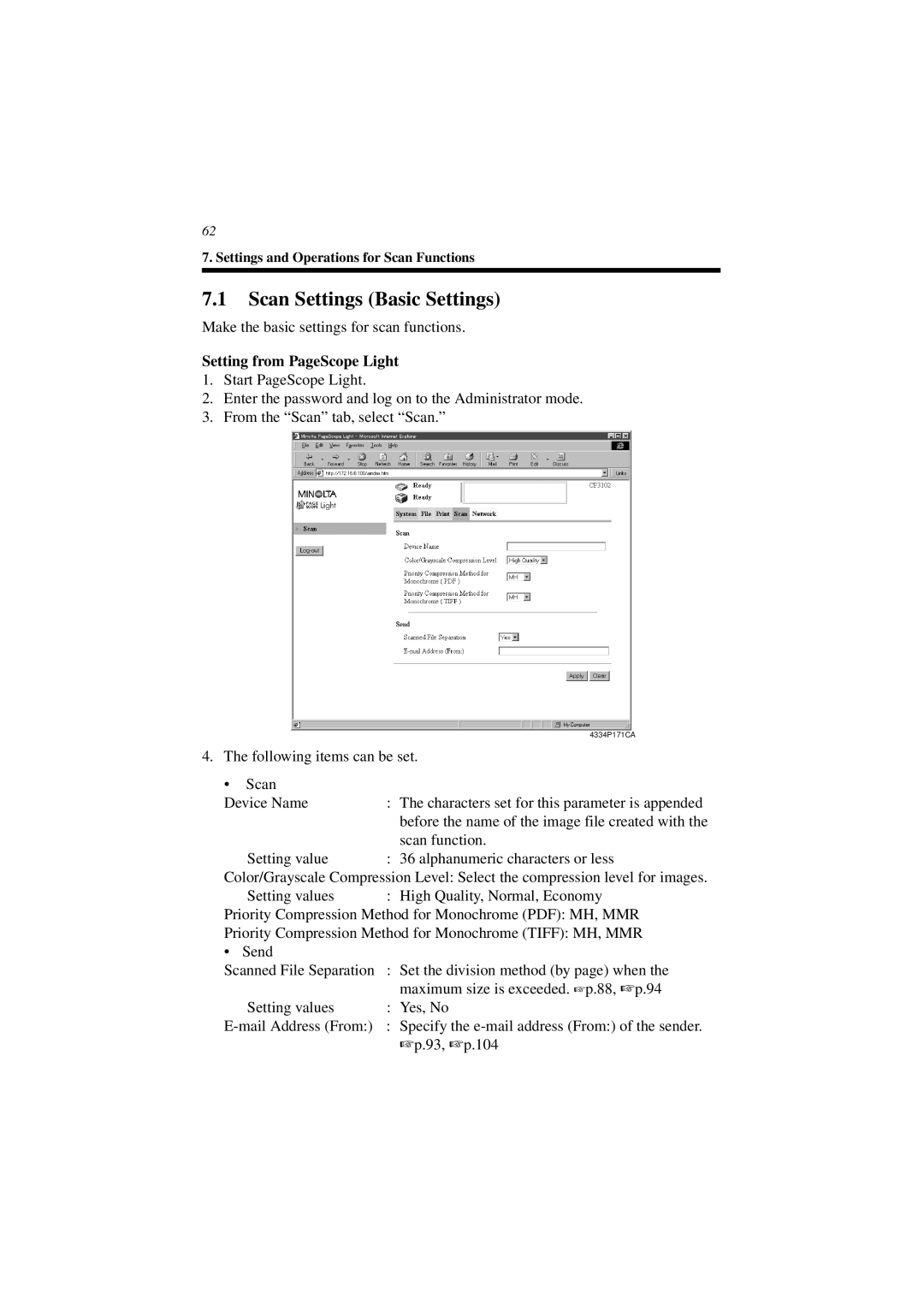 Minolta CN3101e user manual Scan Settings Basic Settings, Setting from PageScope Light 