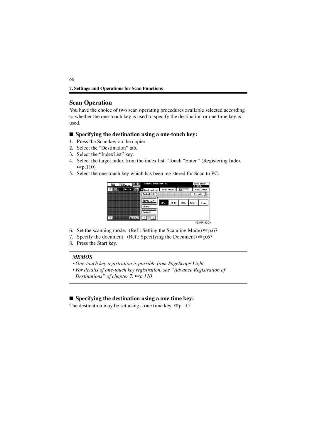 Minolta CN3101e user manual Scan Operation, Specifying the destination using a one-touch key 