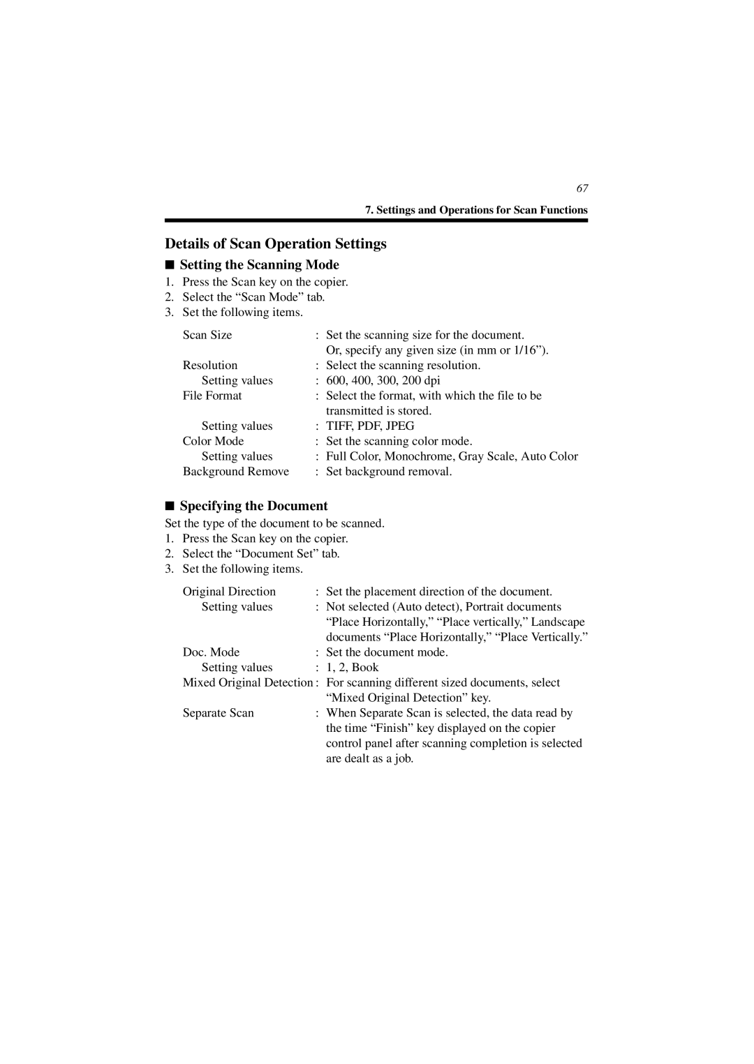 Minolta CN3101e user manual Details of Scan Operation Settings, Setting the Scanning Mode, Specifying the Document 