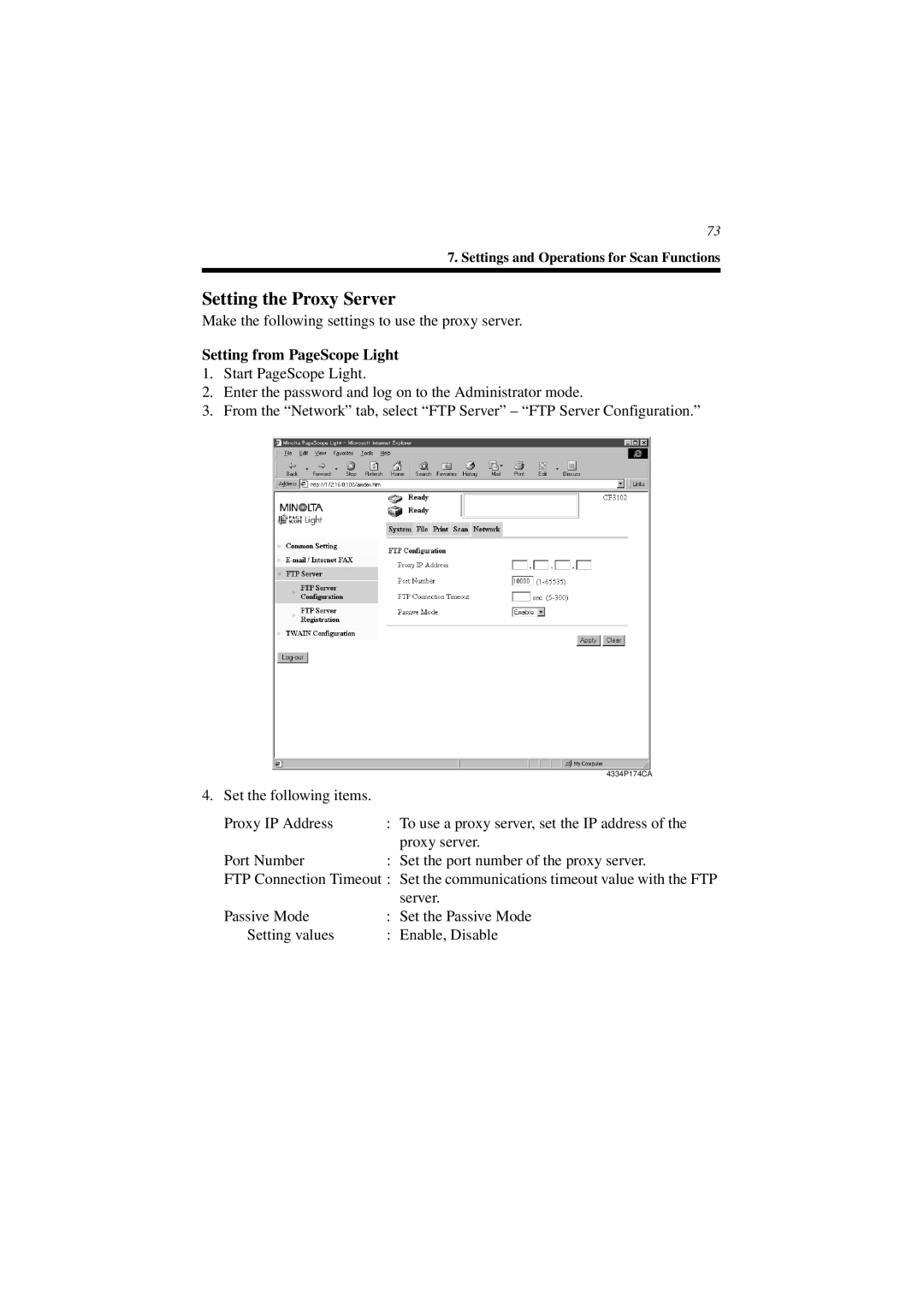 Minolta CN3101e user manual Setting the Proxy Server, Setting from PageScope Light 