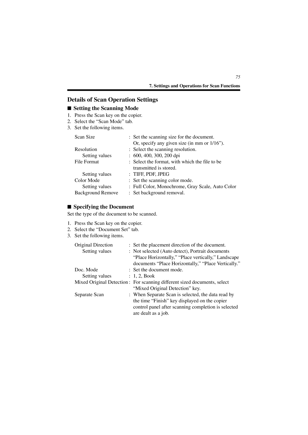 Minolta CN3101e user manual Details of Scan Operation Settings 