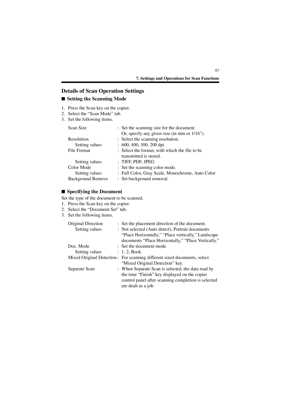 Minolta CN3101e user manual Details of Scan Operation Settings 