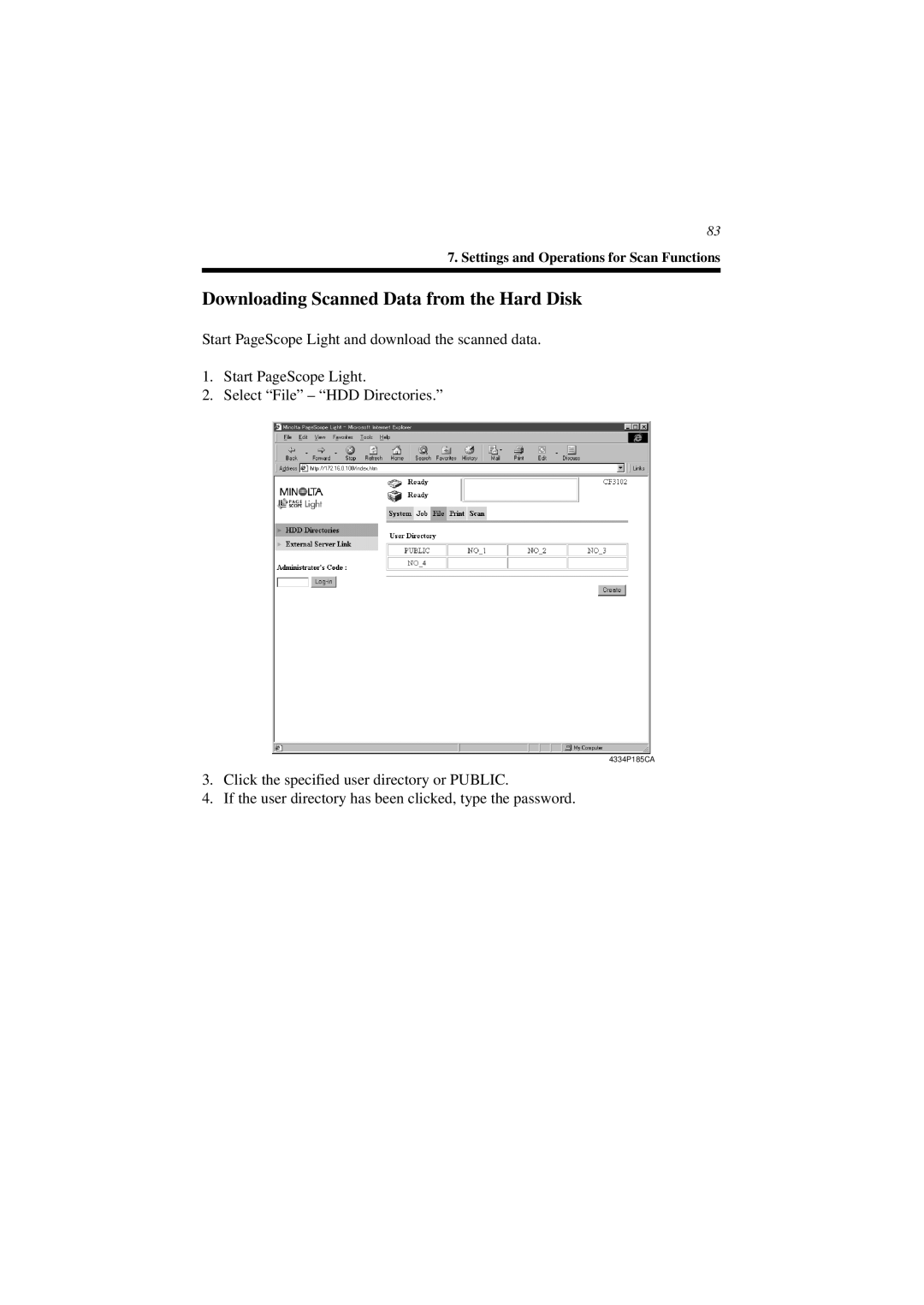 Minolta CN3101e user manual Downloading Scanned Data from the Hard Disk 