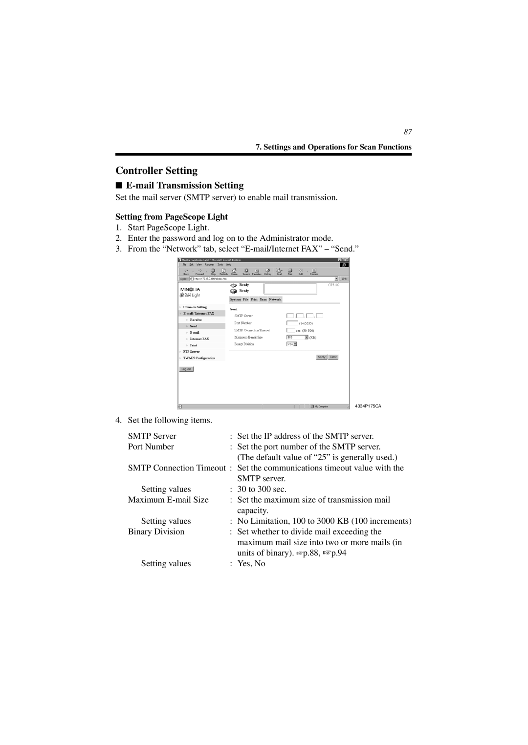 Minolta CN3101e user manual Controller Setting, Mail Transmission Setting 