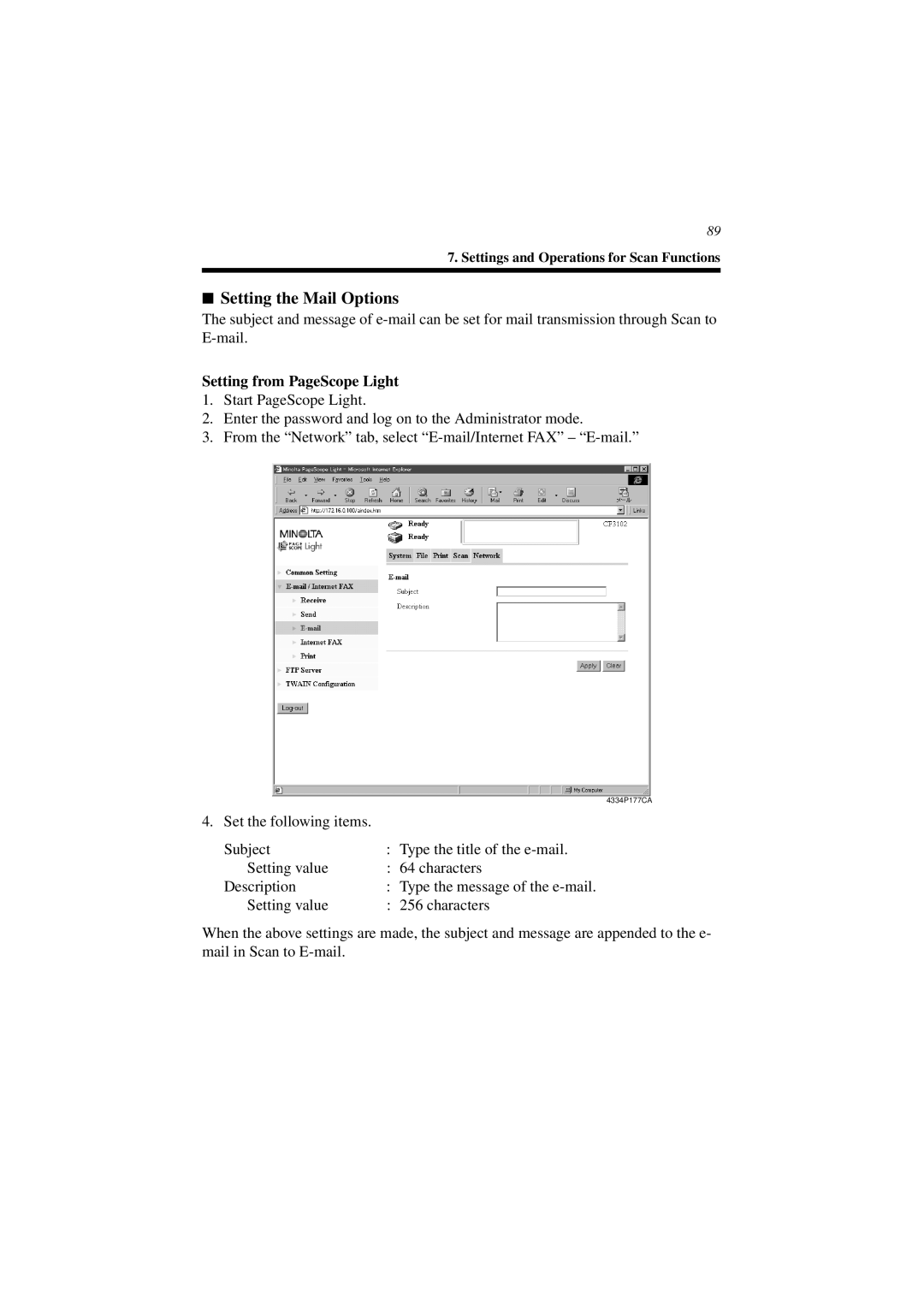 Minolta CN3101e user manual Setting the Mail Options 