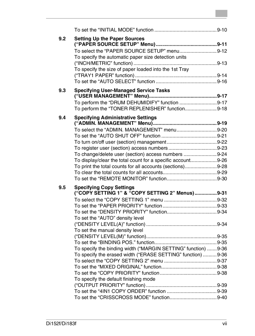 Minolta Di152 183 Setting Up the Paper Sources, Specifying User-Managed Service Tasks, Specifying Administrative Settings 