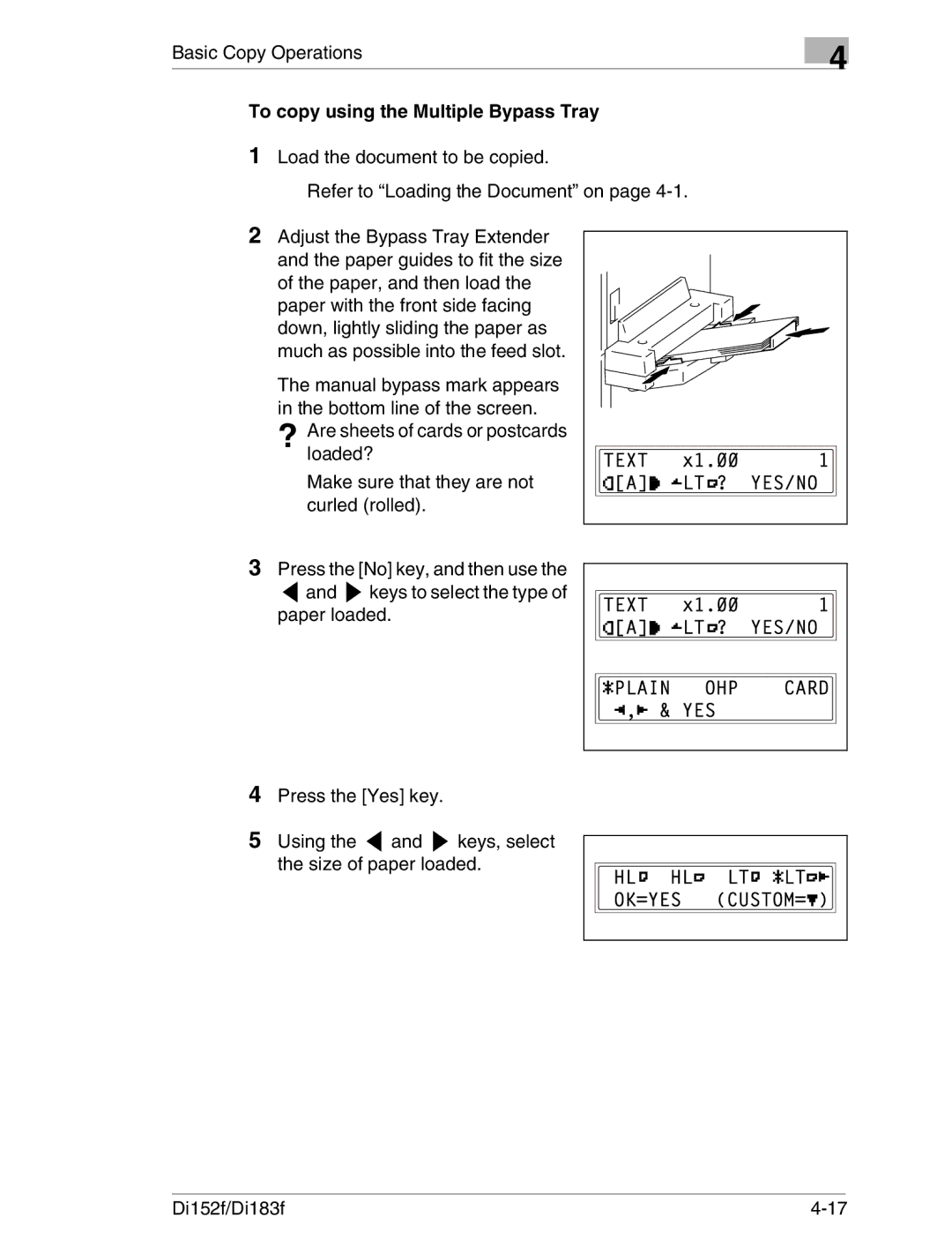 Minolta Di152 183 manual To copy using the Multiple Bypass Tray, ? Are sheets of cards or postcards loaded? 