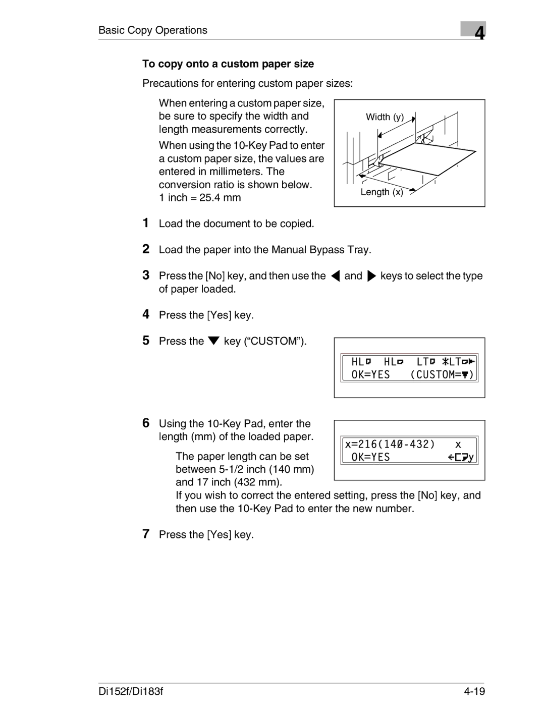 Minolta Di152 183 manual To copy onto a custom paper size, Precautions for entering custom paper sizes, Inch = 25.4 mm 