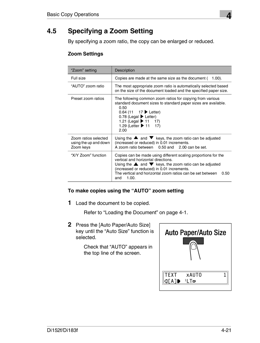 Minolta Di152 183 manual Specifying a Zoom Setting, Zoom Settings, To make copies using the Auto zoom setting 