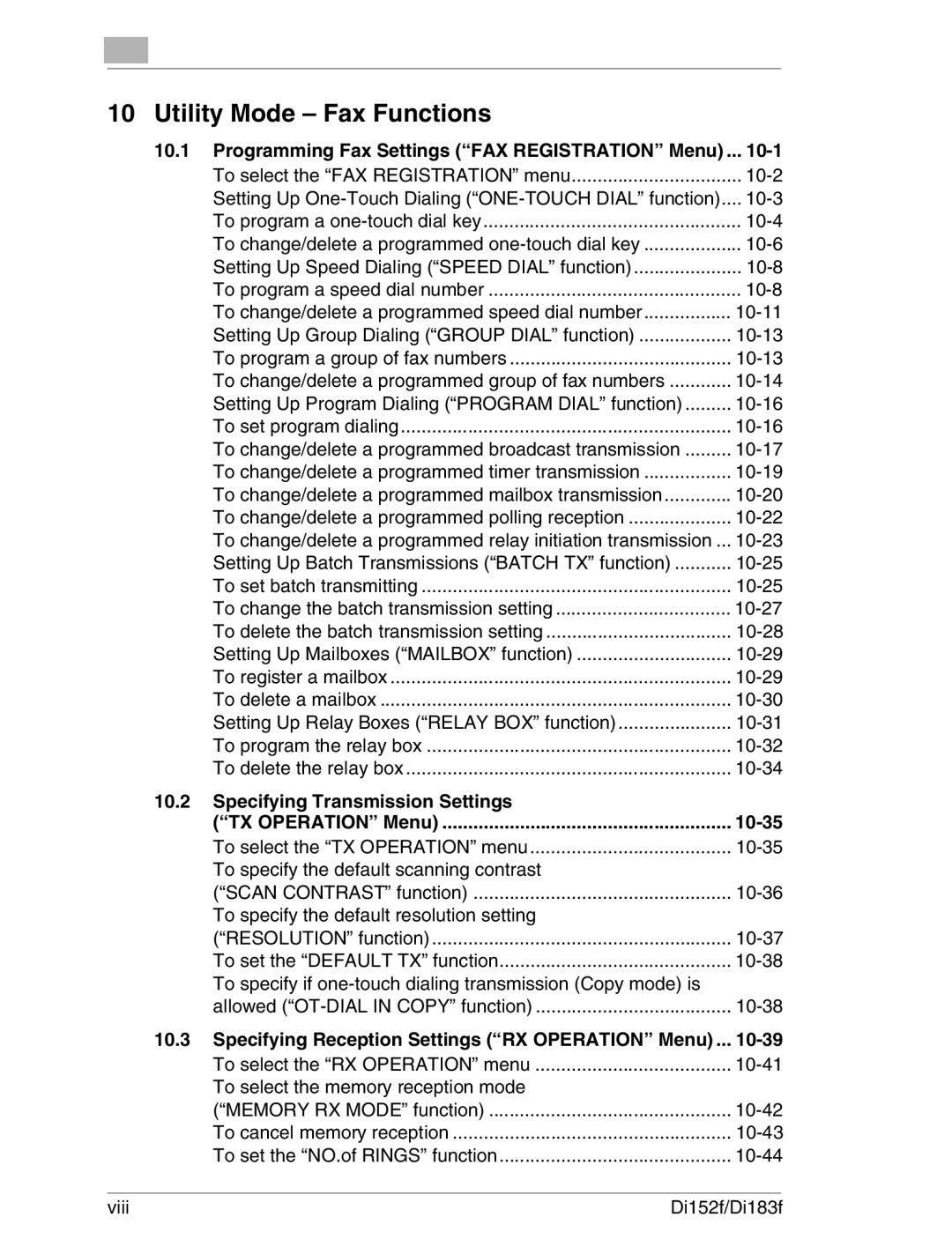 Minolta Di152 183 manual Utility Mode Fax Functions, Programming Fax Settings FAX Registration Menu, 10-35 