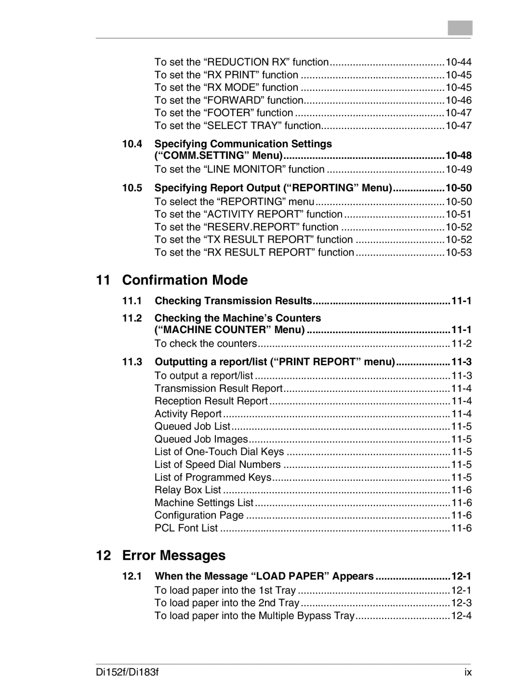 Minolta Di152 183 manual Error Messages, Specifying Communication Settings COMM.SETTING Menu 10-48 