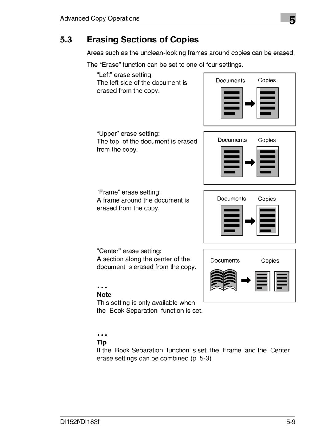 Minolta Di152 183 manual Erasing Sections of Copies,  Center erase setting 