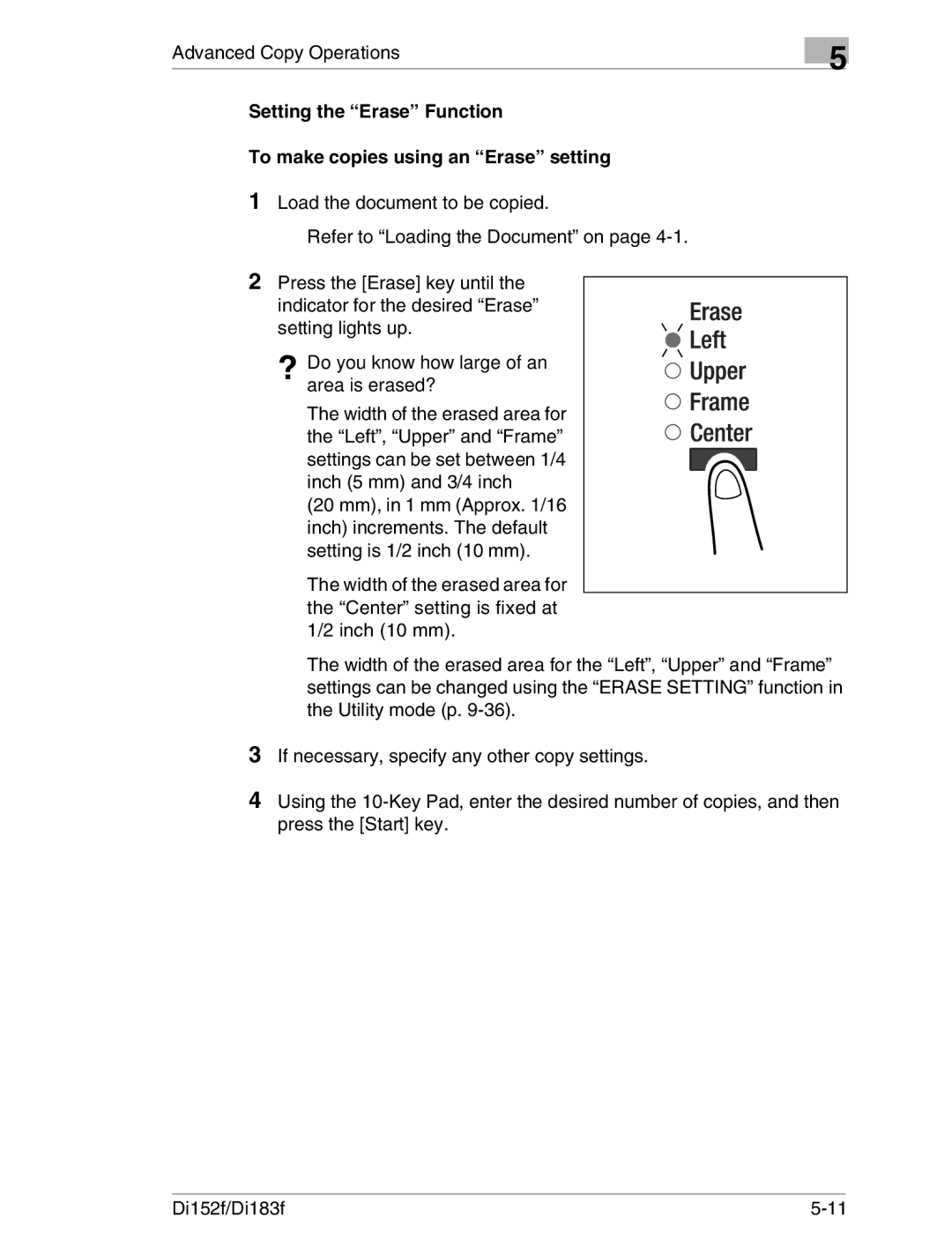 Minolta Di152 183 manual ? Do you know how large of an area is erased? 