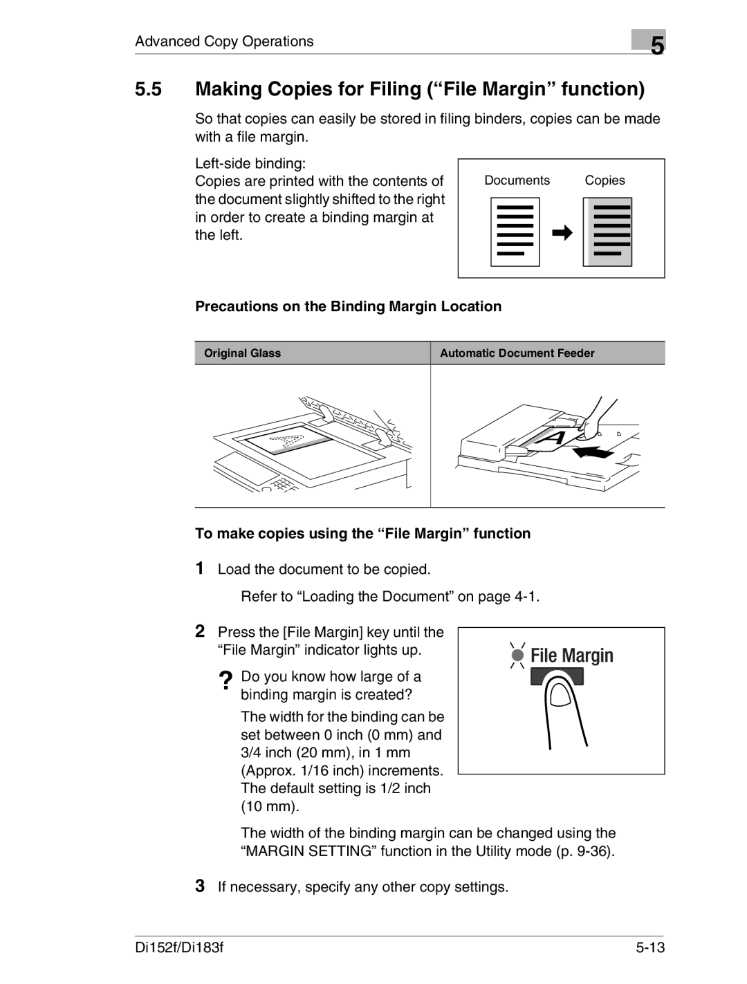 Minolta Di152 183 manual Making Copies for Filing File Margin function, Precautions on the Binding Margin Location 