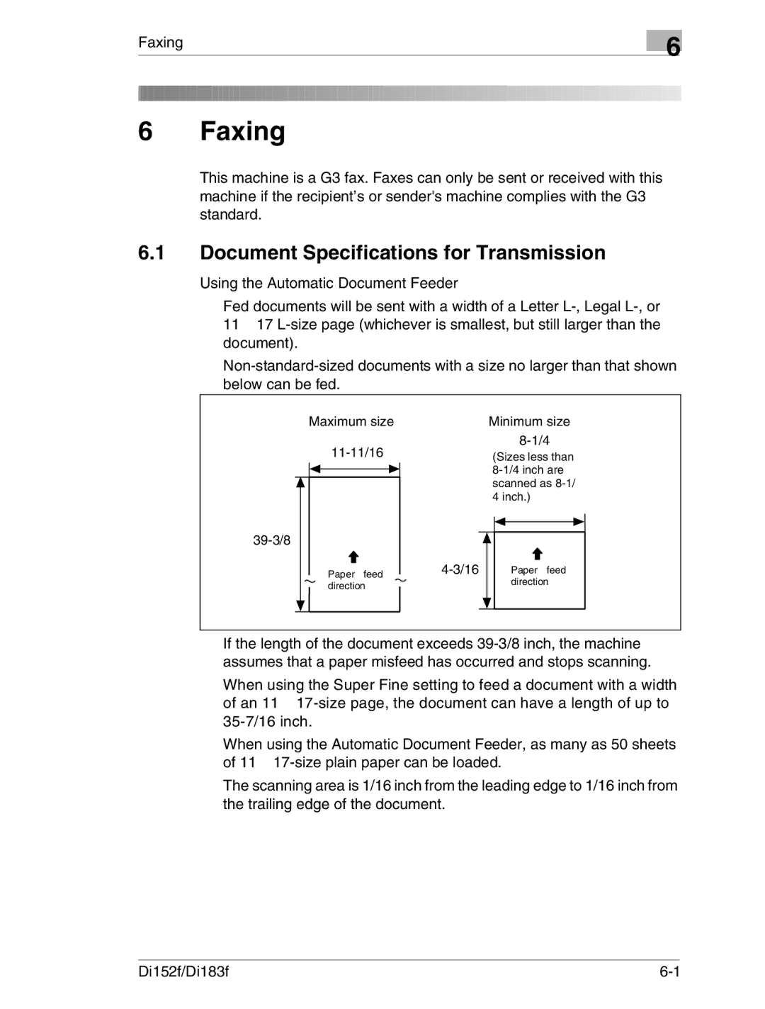 Minolta Di152 183 manual Document Specifications for Transmission, Faxing 