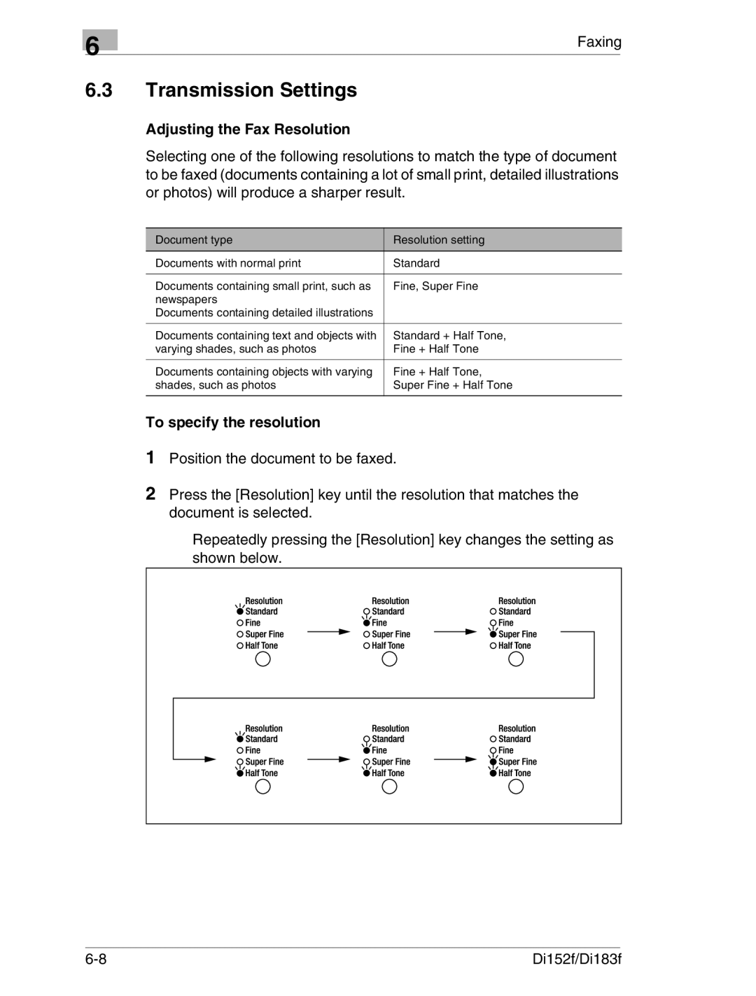 Minolta Di152 183 manual Transmission Settings, Adjusting the Fax Resolution, To specify the resolution 