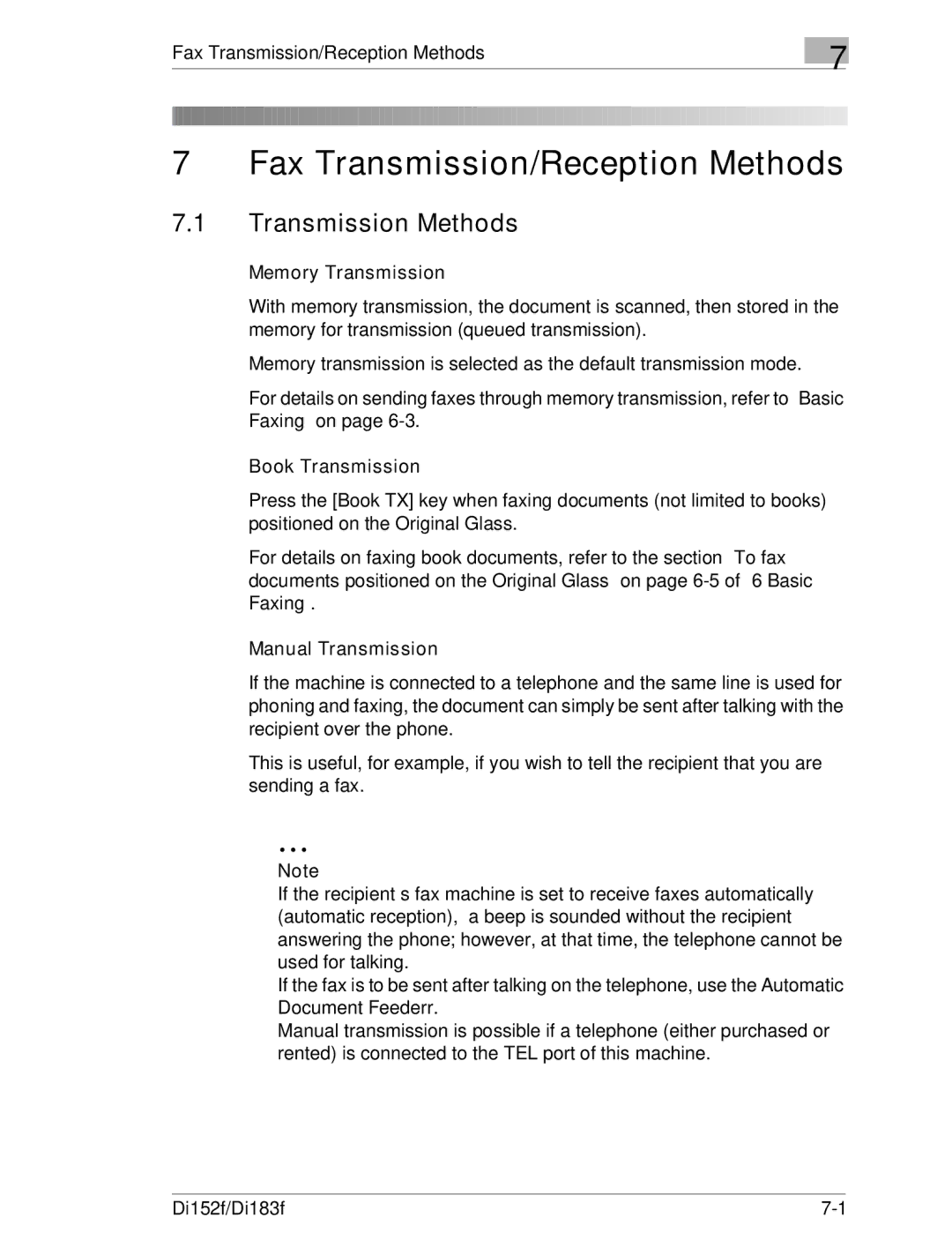 Minolta Di152 183 manual Transmission Methods, Fax Transmission/Reception Methods, Memory Transmission, Book Transmission 