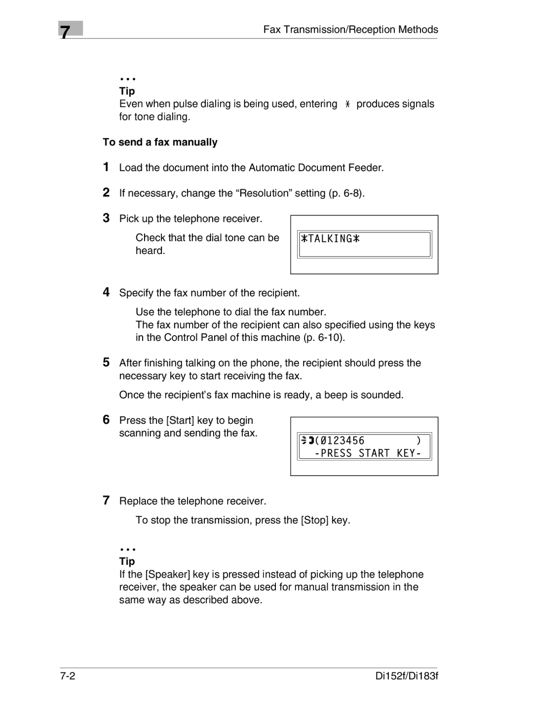 Minolta Di152 183 Tip, To send a fax manually 