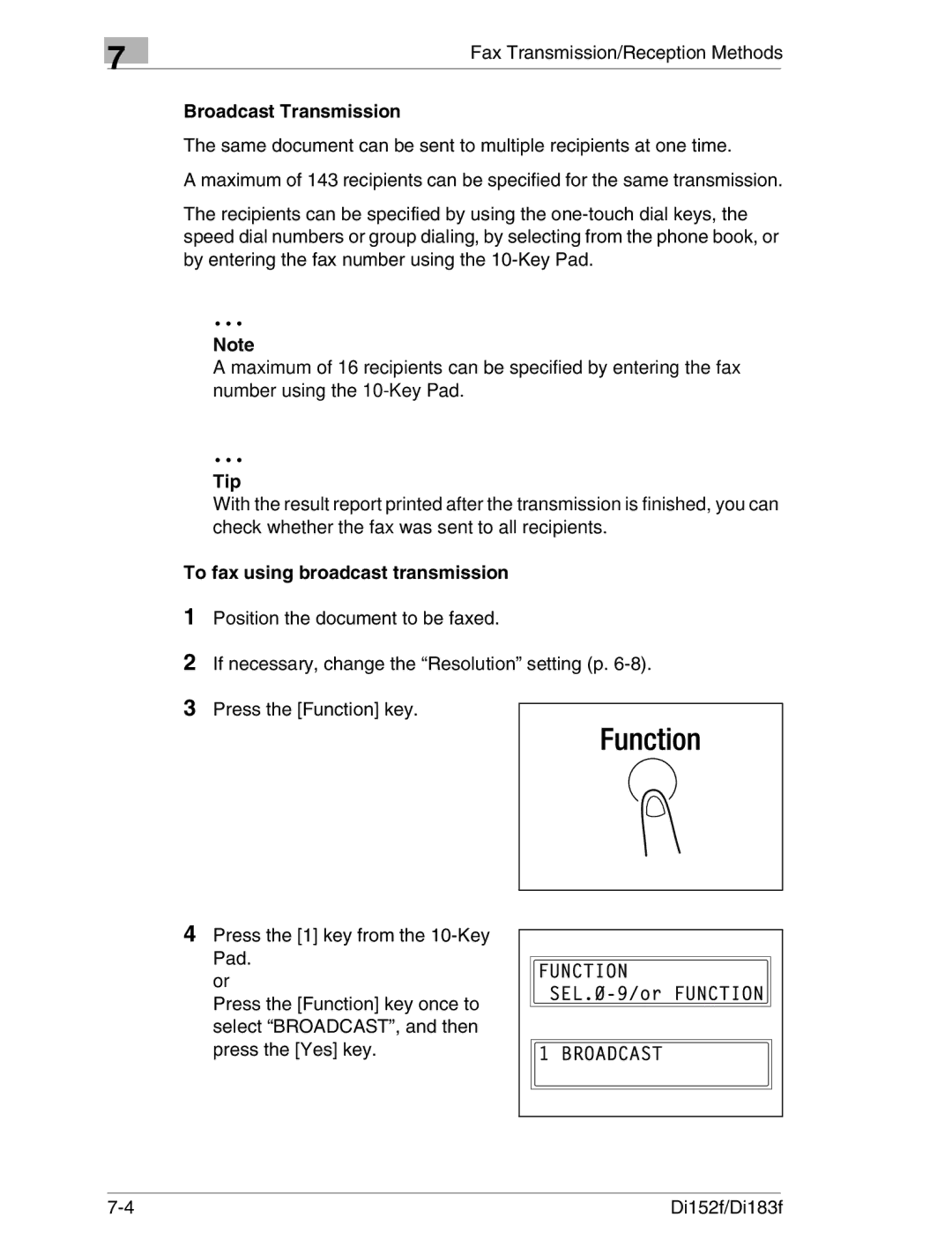 Minolta Di152 183 manual Broadcast Transmission, To fax using broadcast transmission 