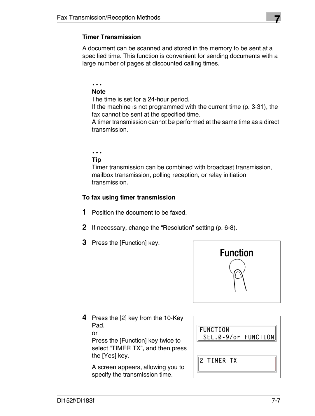 Minolta Di152 183 manual Timer Transmission, To fax using timer transmission 