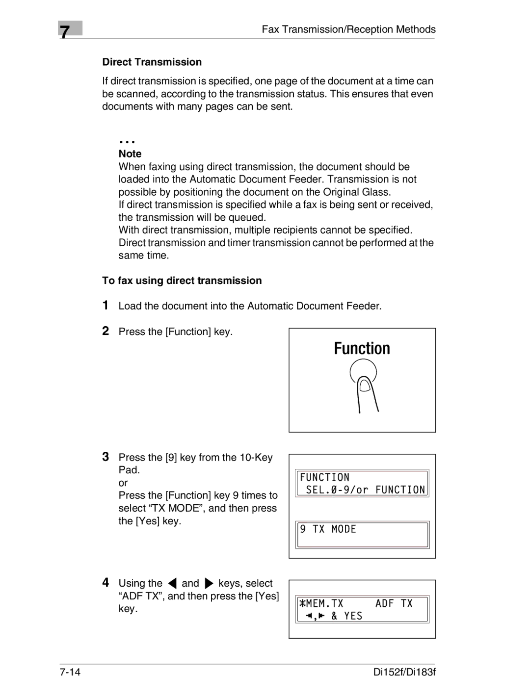 Minolta Di152 183 manual Direct Transmission, To fax using direct transmission 