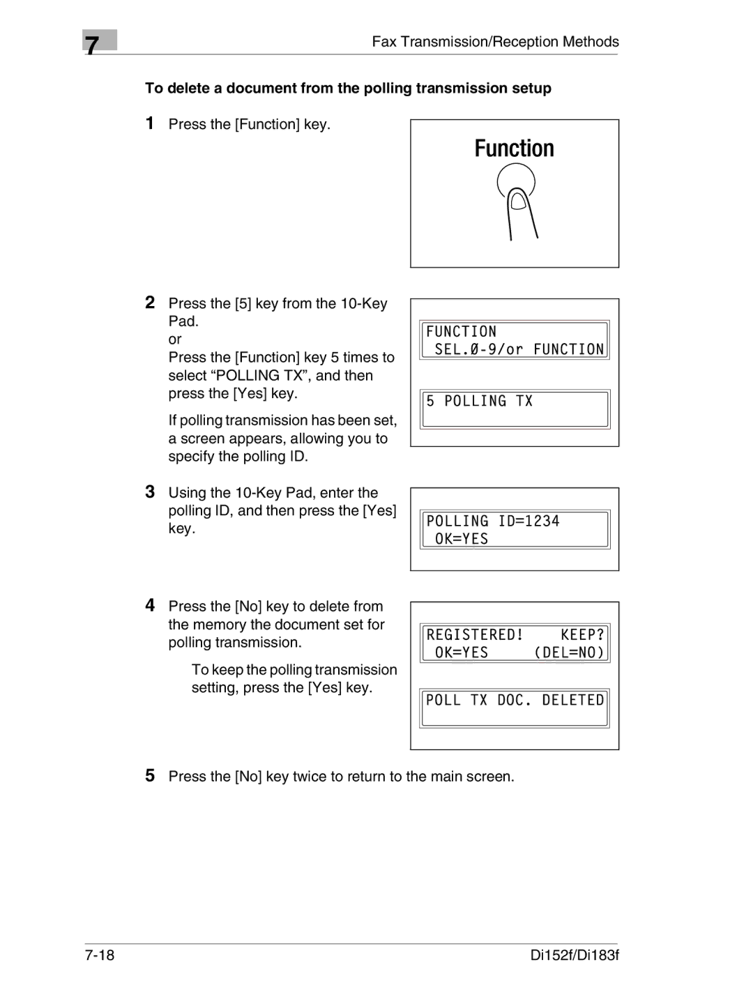 Minolta Di152 183 manual To delete a document from the polling transmission setup 