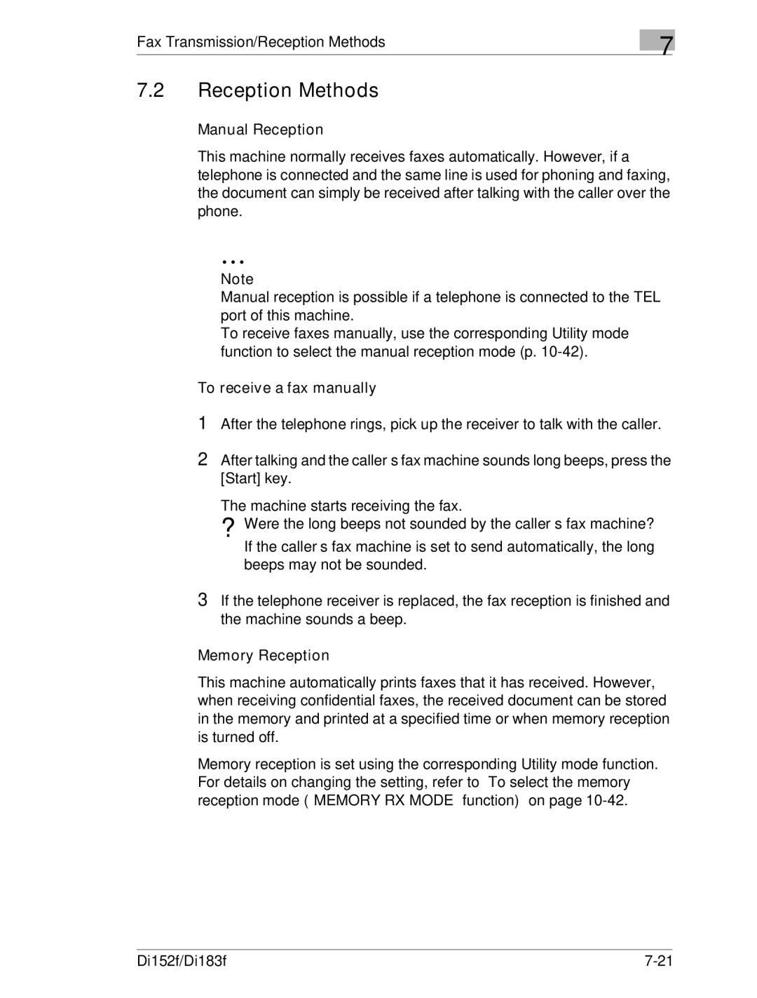 Minolta Di152 183 Reception Methods, Manual Reception, To receive a fax manually, Memory Reception 