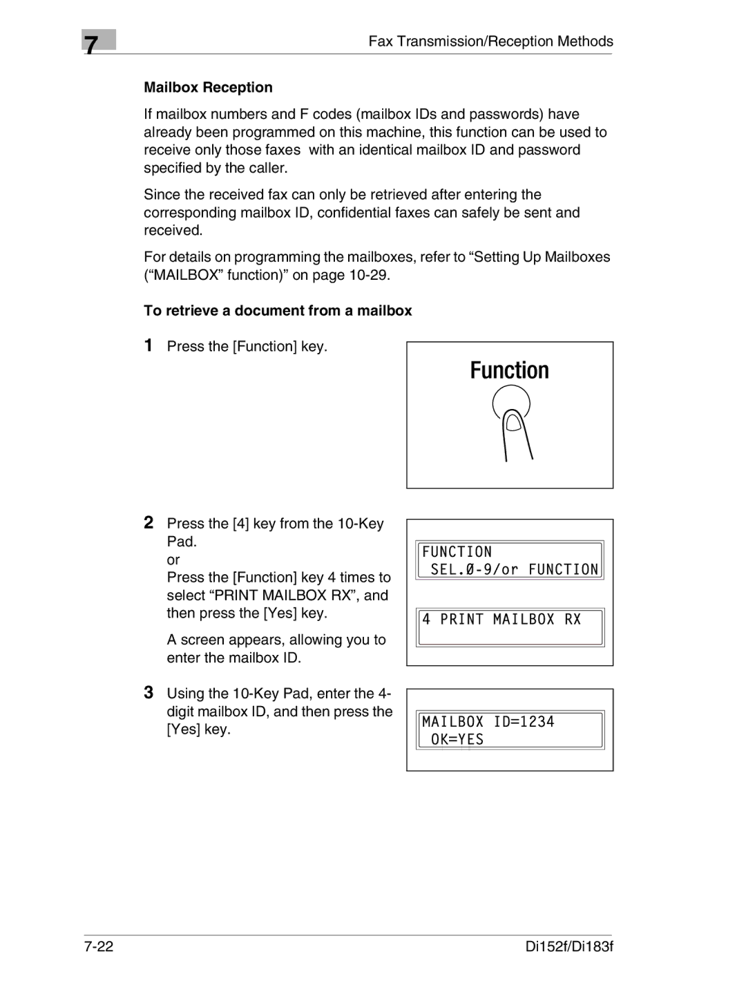 Minolta Di152 183 manual Mailbox Reception, To retrieve a document from a mailbox 