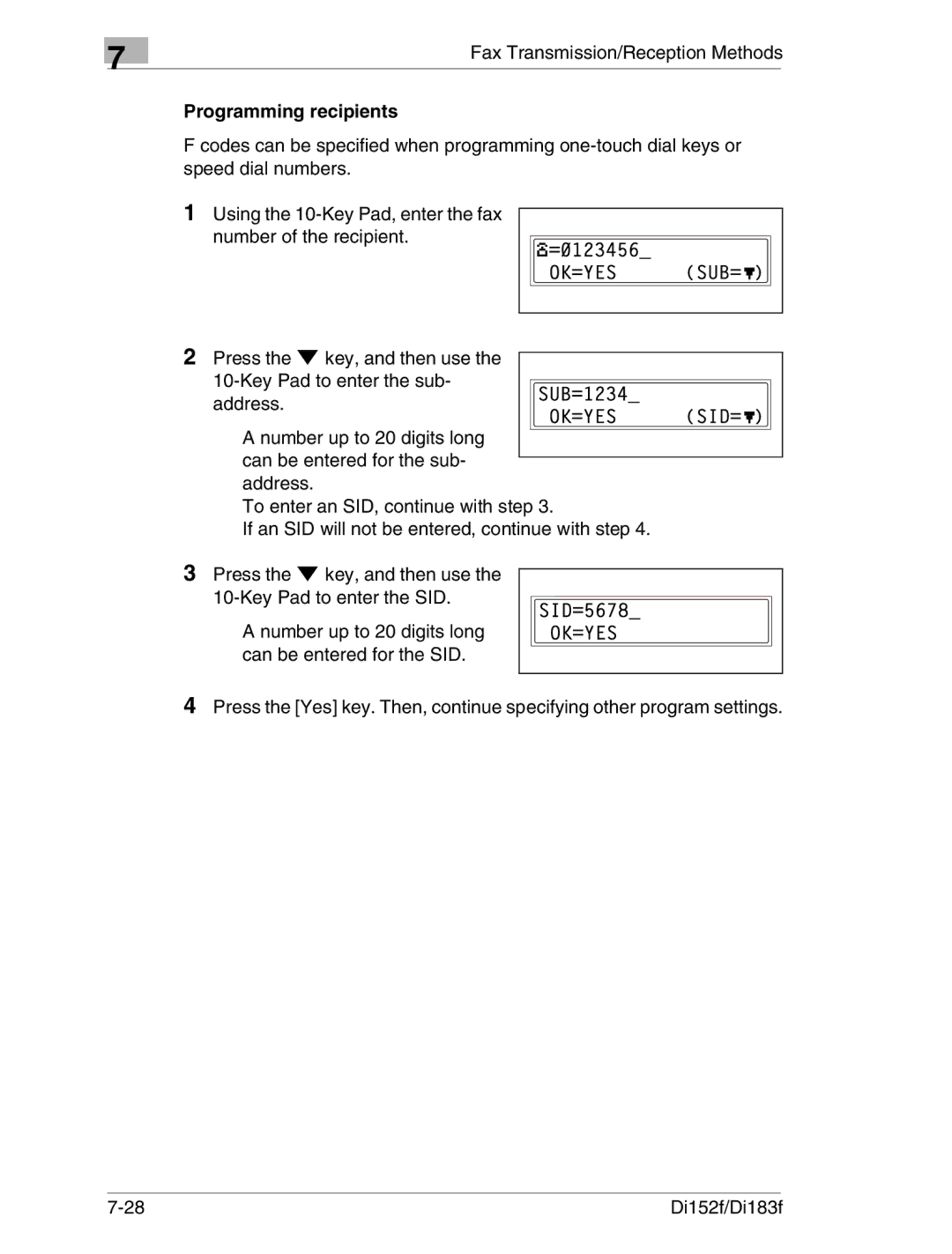 Minolta Di152 183 manual Programming recipients 