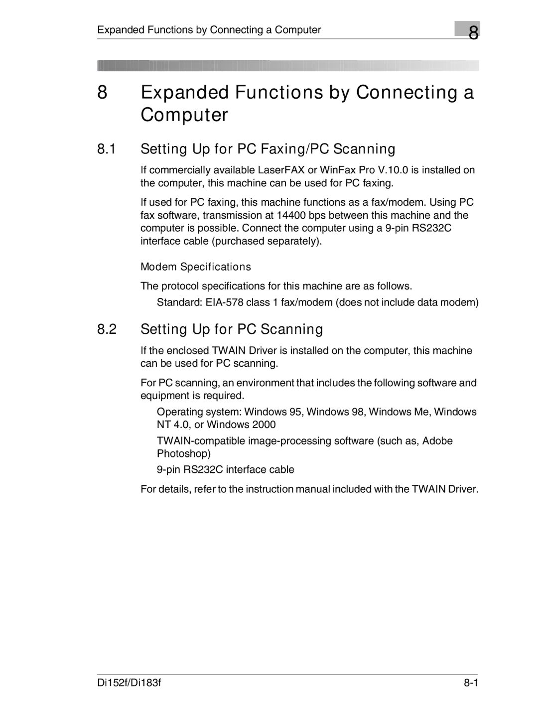 Minolta Di152 183 manual Setting Up for PC Faxing/PC Scanning, Setting Up for PC Scanning, Modem Specifications 